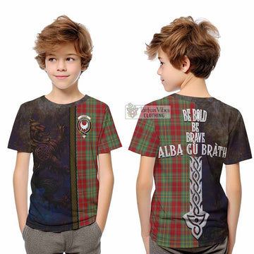 Leask Tartan Family Crest Kid T-Shirt Alba Gu Brath Be Brave Lion Ancient Style