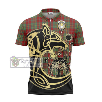 Leask Tartan Zipper Polo Shirt with Family Crest Celtic Wolf Style - Tartanvibesclothing Shop