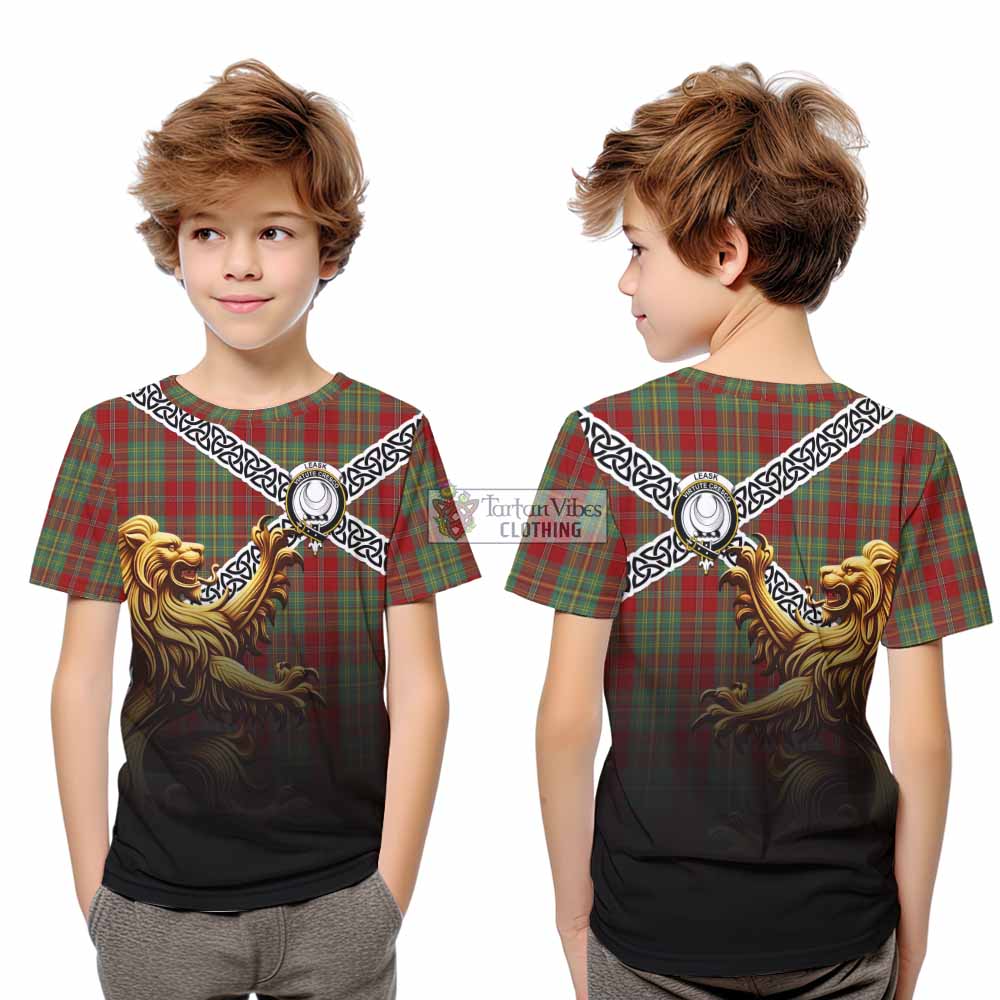 Tartan Vibes Clothing Leask Crest Tartan Kid T-Shirt with Golden Lion Emblem Celtic Style