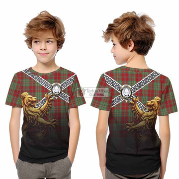 Tartan Vibes Clothing Leask Crest Tartan Kid T-Shirt with Golden Lion Emblem Celtic Style