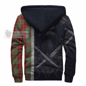 Leask Tartan Sherpa Hoodie with Family Crest Cross Sword Thistle Celtic Vibes