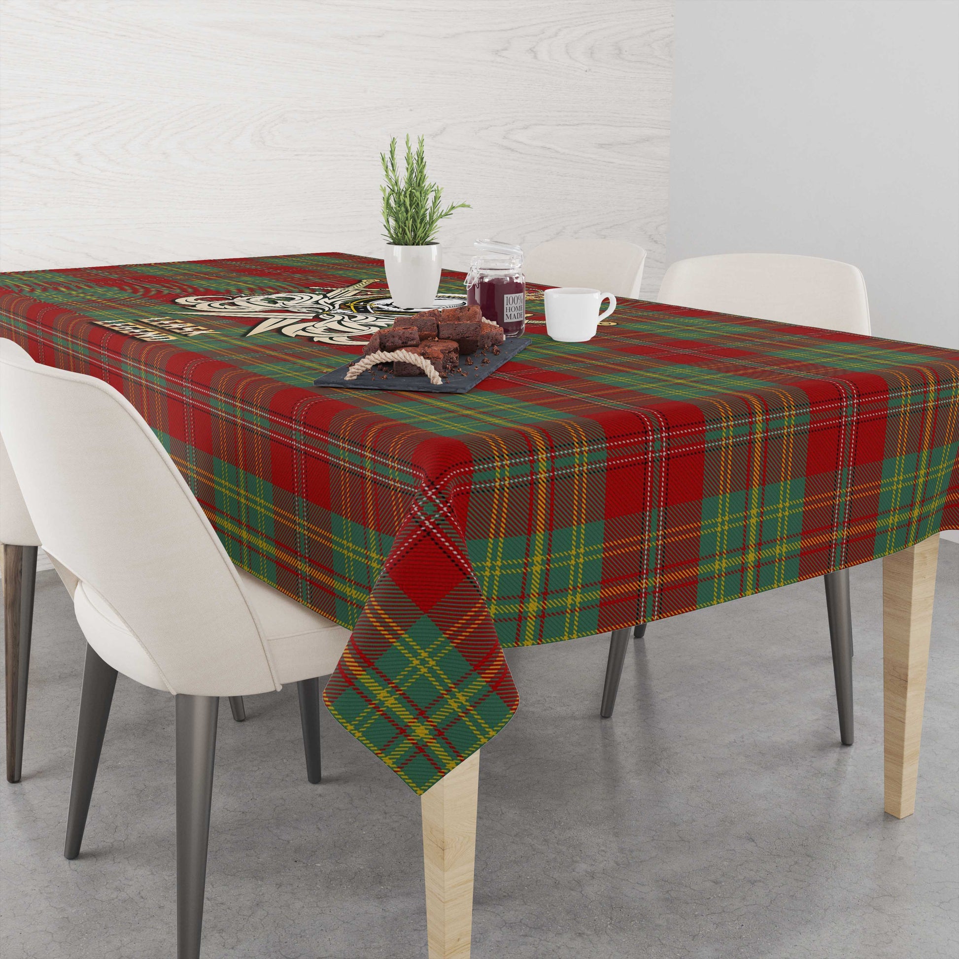 Tartan Vibes Clothing Leask Tartan Tablecloth with Clan Crest and the Golden Sword of Courageous Legacy