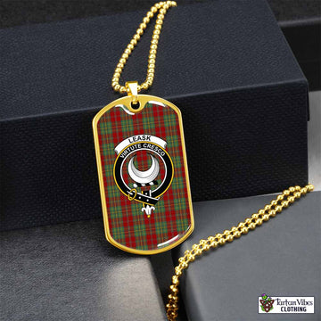 Leask Tartan Dog Tag Necklace with Family Crest