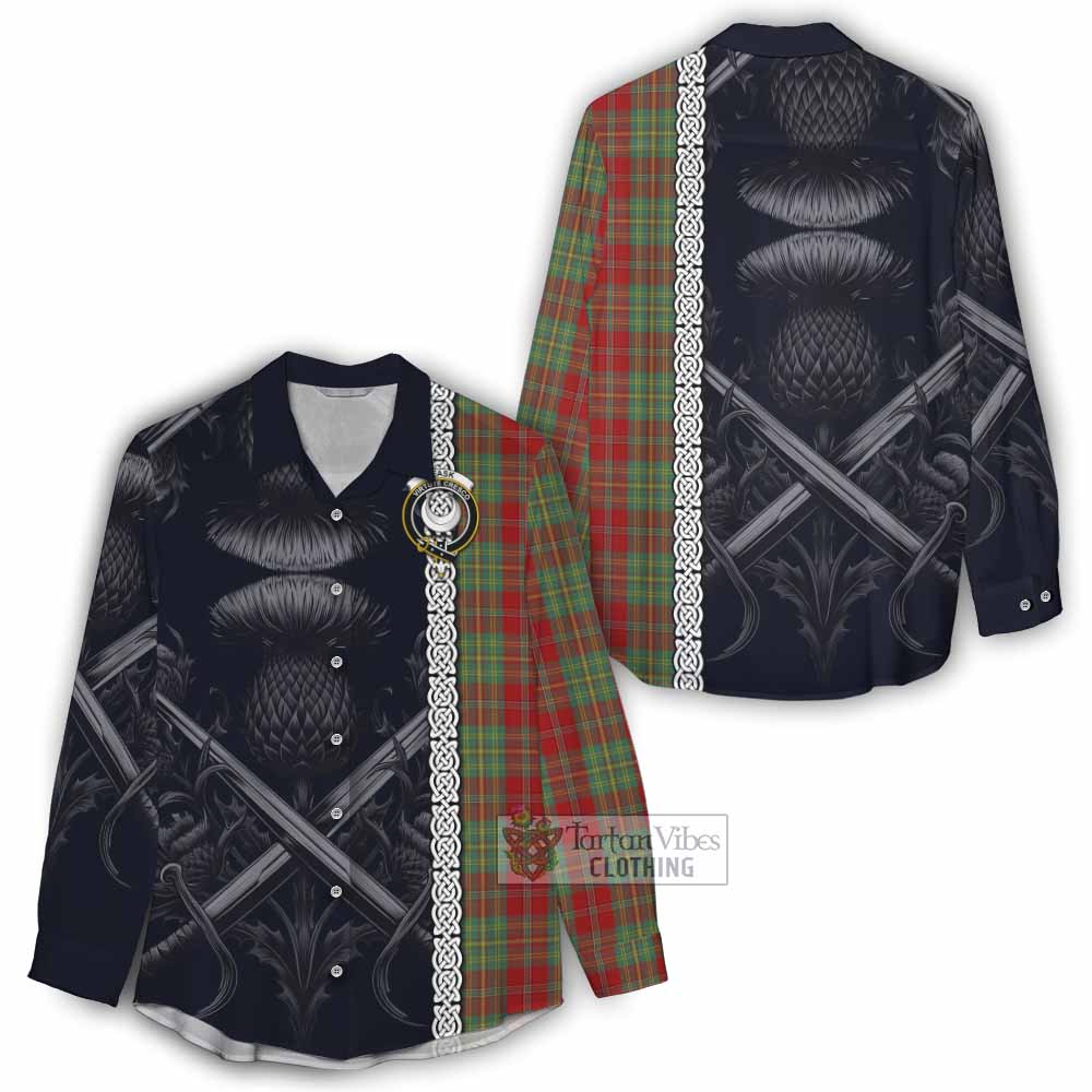 Tartan Vibes Clothing Leask Tartan Women's Casual Shirt with Family Crest Cross Sword Thistle Celtic Vibes