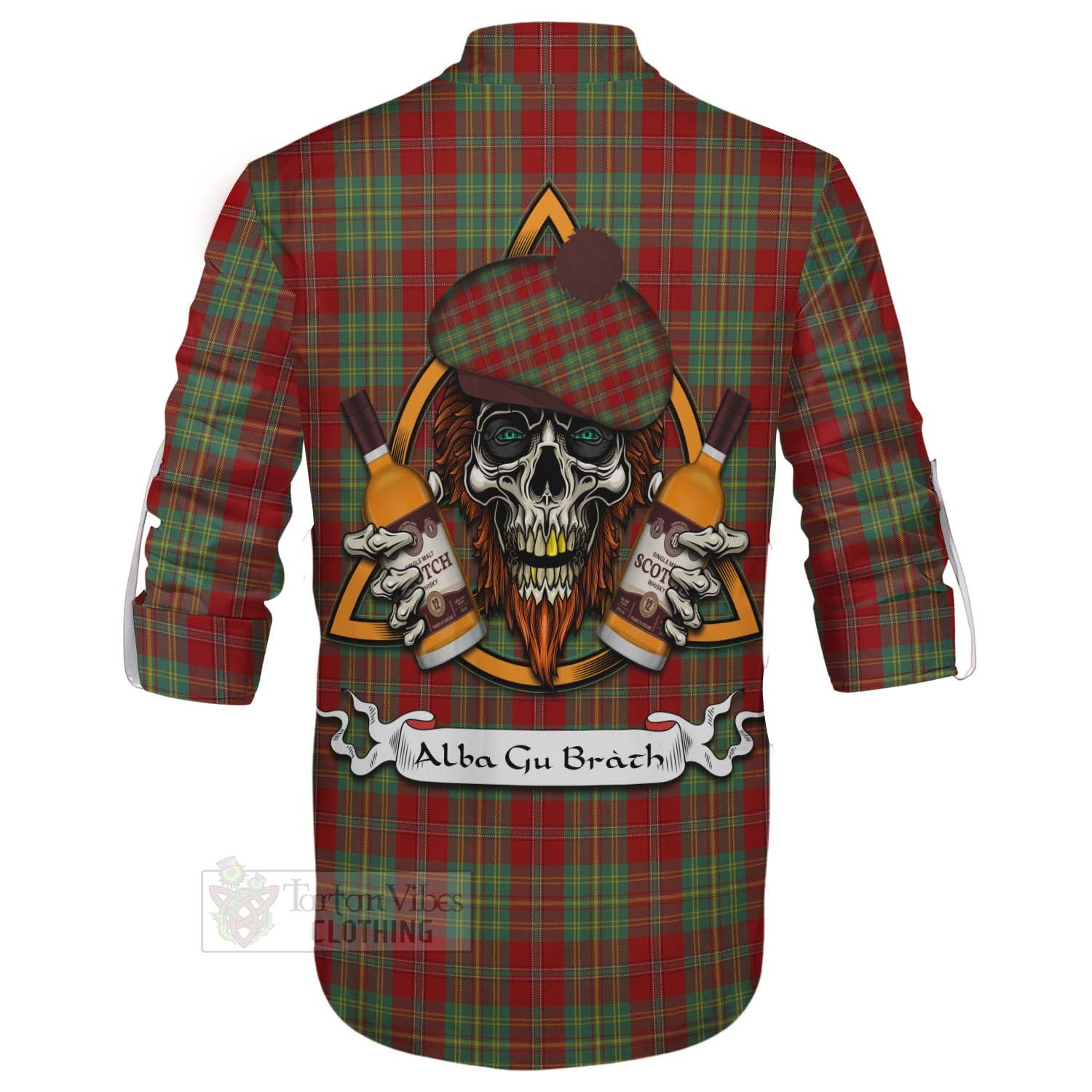 Tartan Vibes Clothing Leask Tartan Ghillie Kilt Shirt with Family Crest and Bearded Skull Holding Bottles of Whiskey