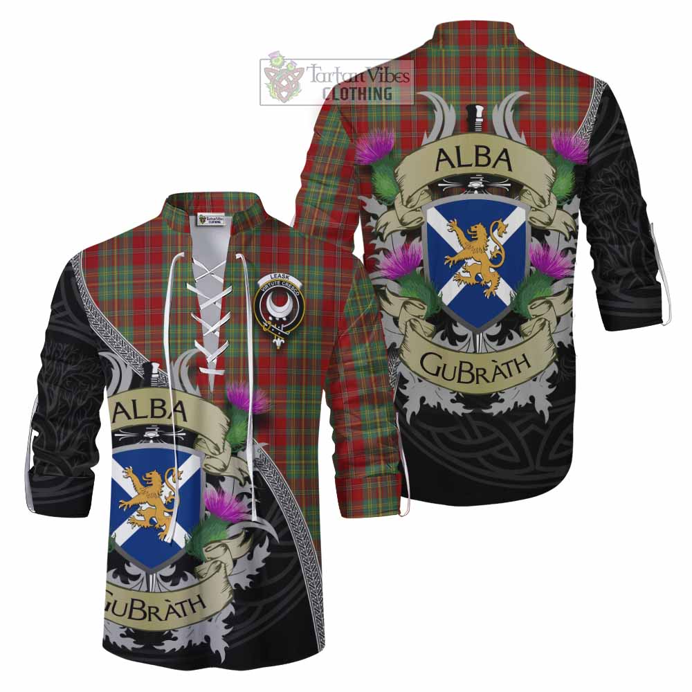 Tartan Vibes Clothing Leask Tartan Family Crest Ghillie Kilt Shirt Lion Rampant Royal Thistle Shield Celtic Inspired