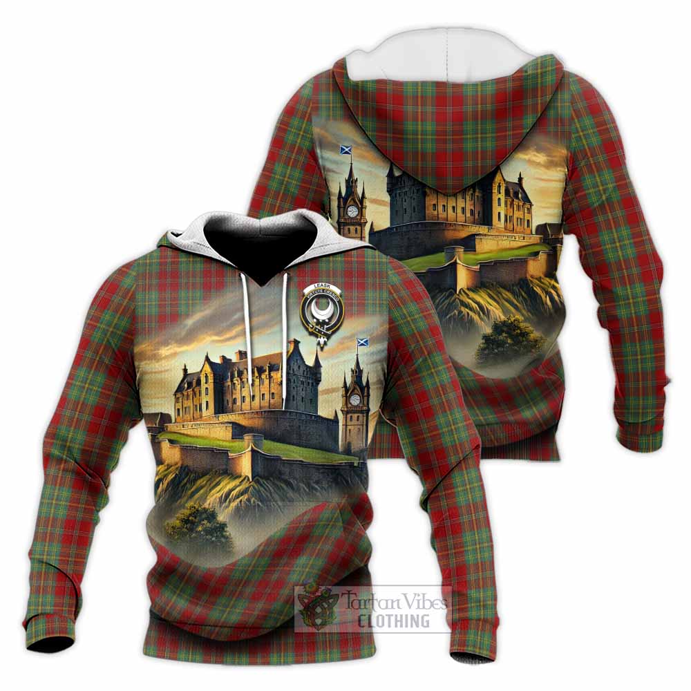 Tartan Vibes Clothing Leask Tartan Family Crest Knitted Hoodie with Scottish Ancient Castle Style