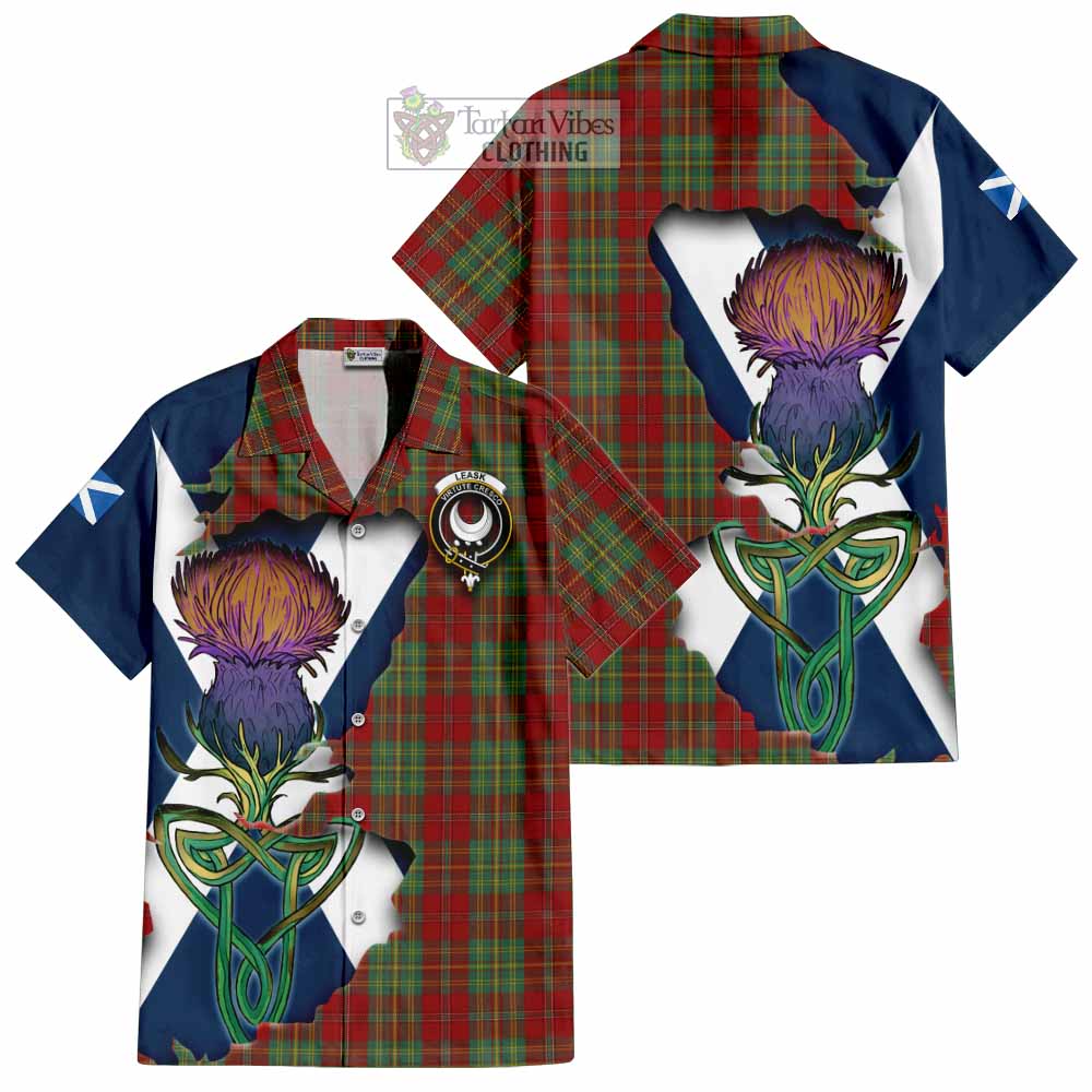 Tartan Vibes Clothing Leask Tartan Family Crest Short Sleeve Button Shirt Scottish Thistle Celtic Inspired