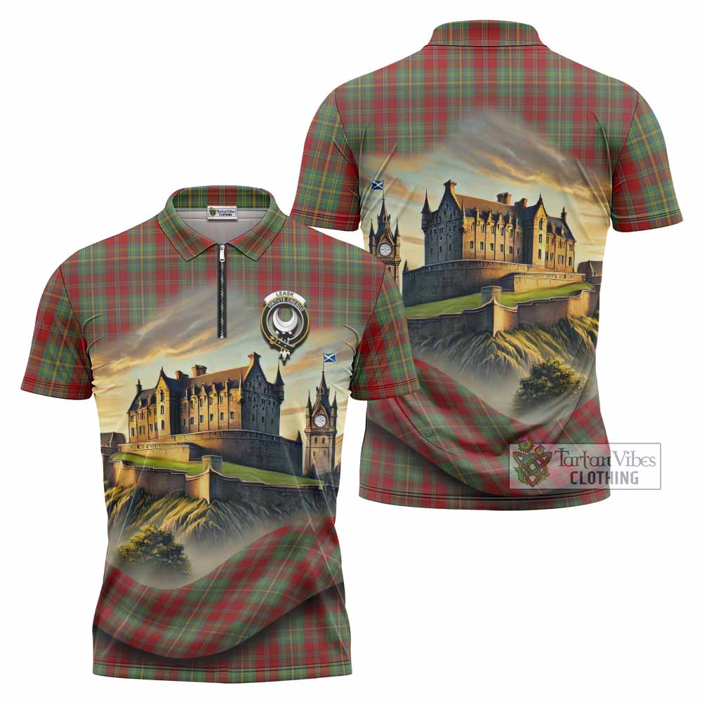 Tartan Vibes Clothing Leask Tartan Family Crest Zipper Polo Shirt with Scottish Ancient Castle Stype