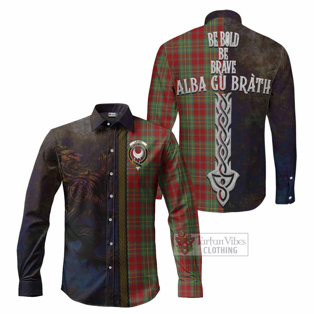 Tartan Vibes Clothing Leask Tartan Family Crest Long Sleeve Button Shirt Alba Gu Brath Be Brave Lion Ancient Style