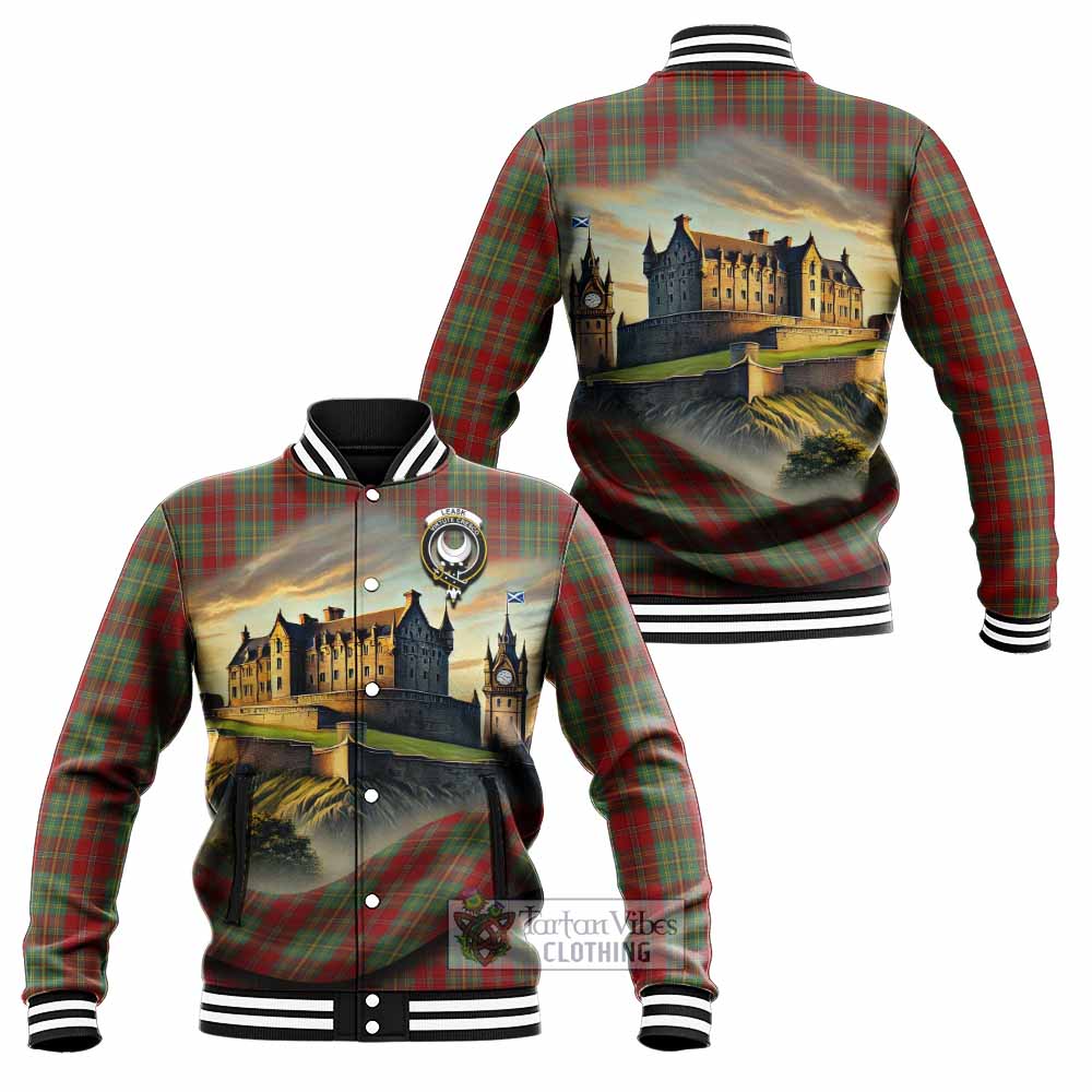 Tartan Vibes Clothing Leask Tartan Family Crest Baseball Jacket with Scottish Ancient Castle Style