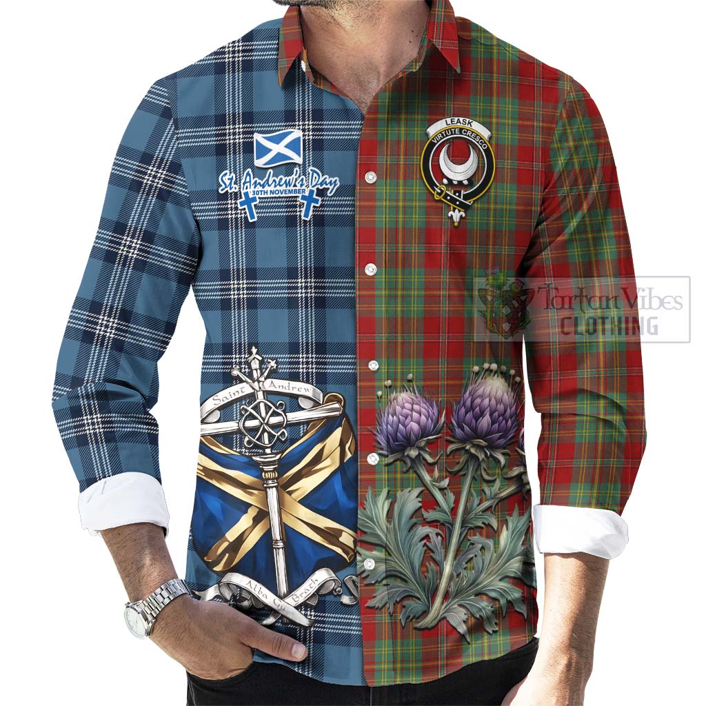 Tartan Vibes Clothing Leask Tartan Long Sleeve Button Shirt Happy St. Andrew's Day Half Tartan Style