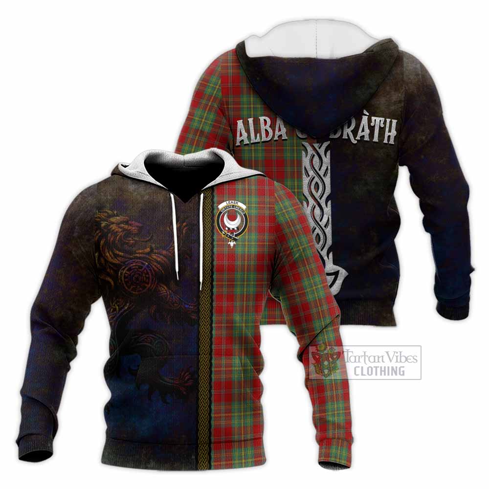 Tartan Vibes Clothing Leask Tartan Family Crest Knitted Hoodie Alba Gu Brath Be Brave Lion Ancient Style