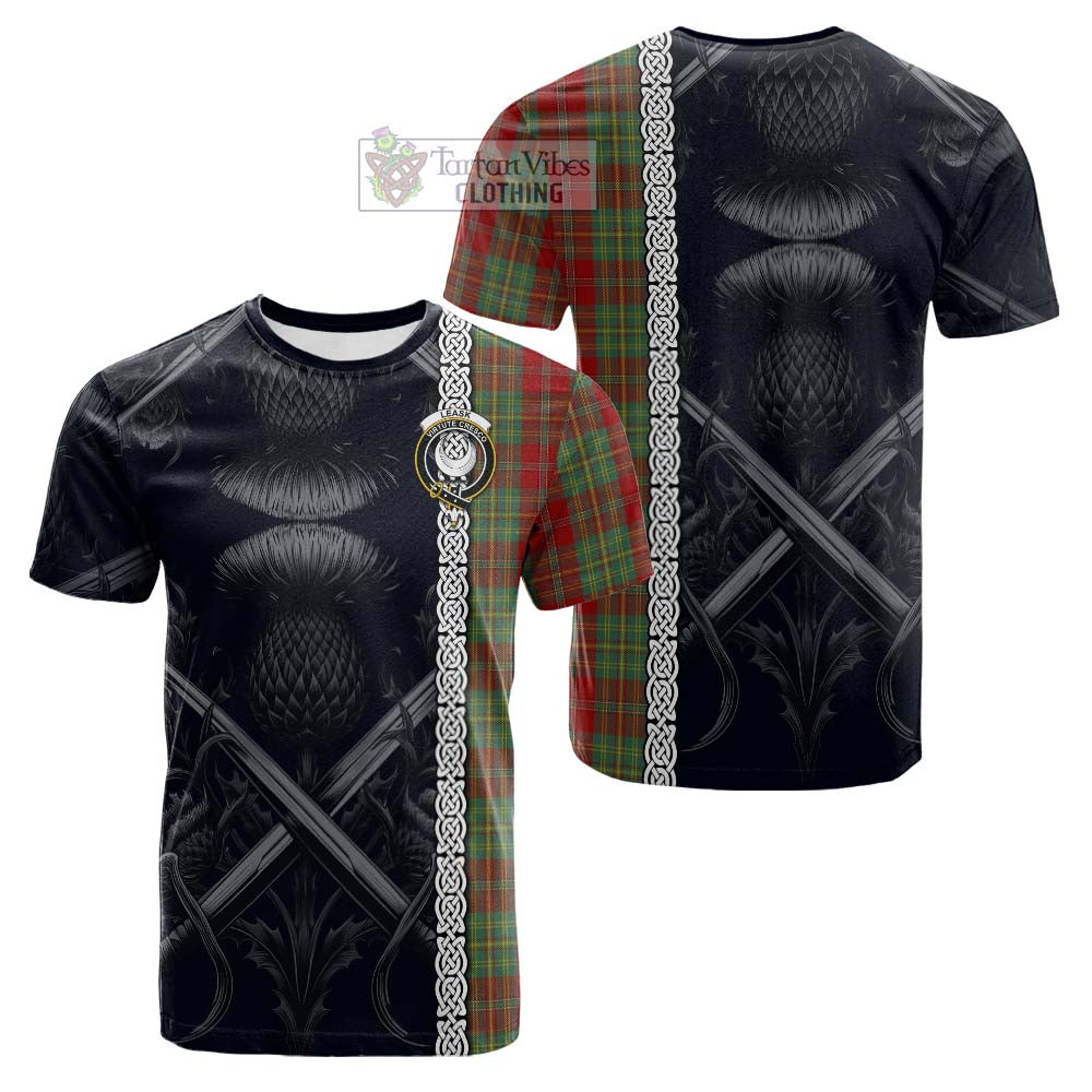 Tartan Vibes Clothing Leask Tartan Cotton T-shirt with Family Crest Cross Sword Thistle Celtic Vibes