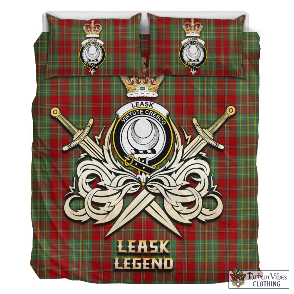 Tartan Vibes Clothing Leask Tartan Bedding Set with Clan Crest and the Golden Sword of Courageous Legacy