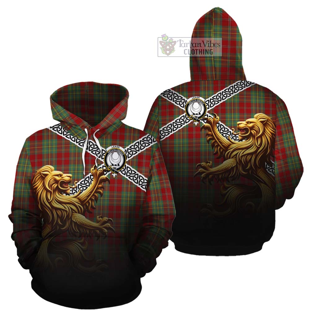 Tartan Vibes Clothing Leask Crest Tartan Cotton Hoodie with Golden Lion Emblem Celtic Style