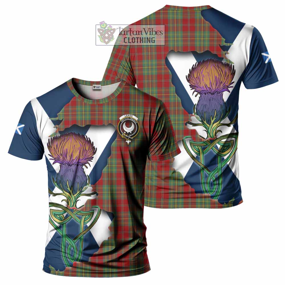Tartan Vibes Clothing Leask Tartan Family Crest T-Shirt Scottish Thistle Celtic Inspired