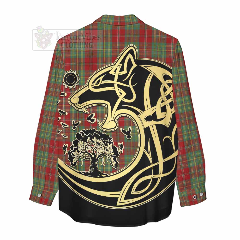 Tartan Vibes Clothing Leask Tartan Women's Casual Shirt with Family Crest Celtic Wolf Style