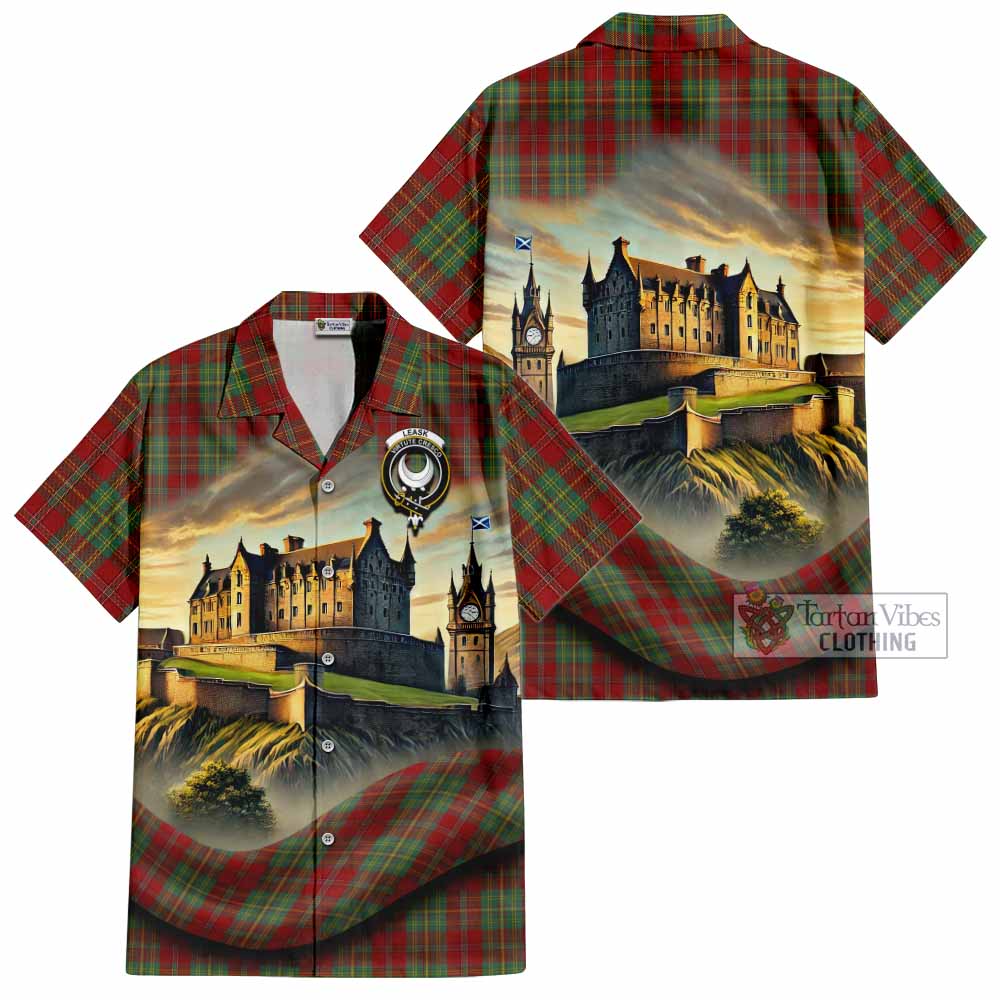 Tartan Vibes Clothing Leask Tartan Family Crest Short Sleeve Button Shirt with Scottish Ancient Castle Style