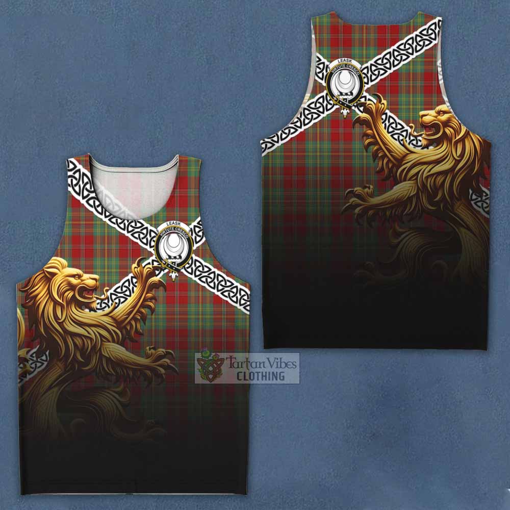 Tartan Vibes Clothing Leask Crest Tartan Men's Tank Top with Golden Lion Emblem Celtic Style