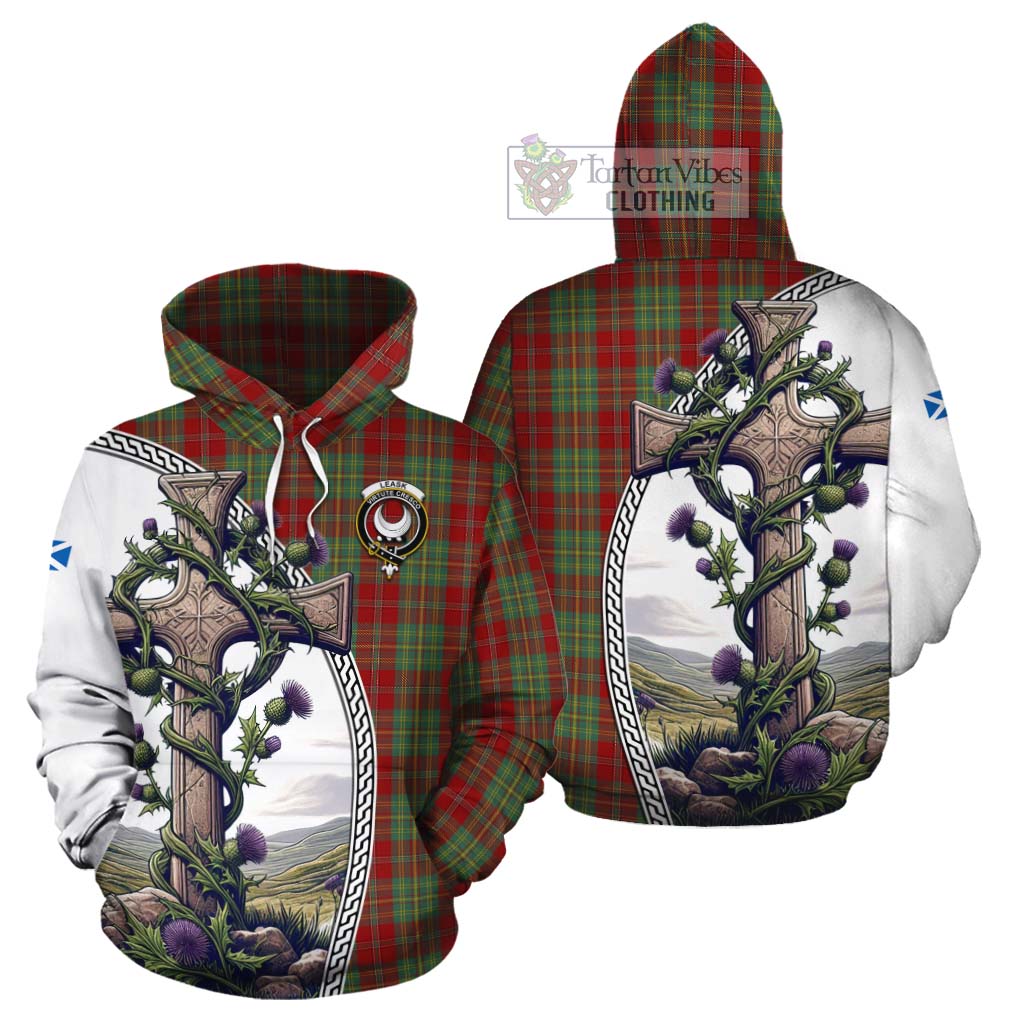 Tartan Vibes Clothing Leask Tartan Cotton Hoodie with Family Crest and St. Andrew's Cross Accented by Thistle Vines
