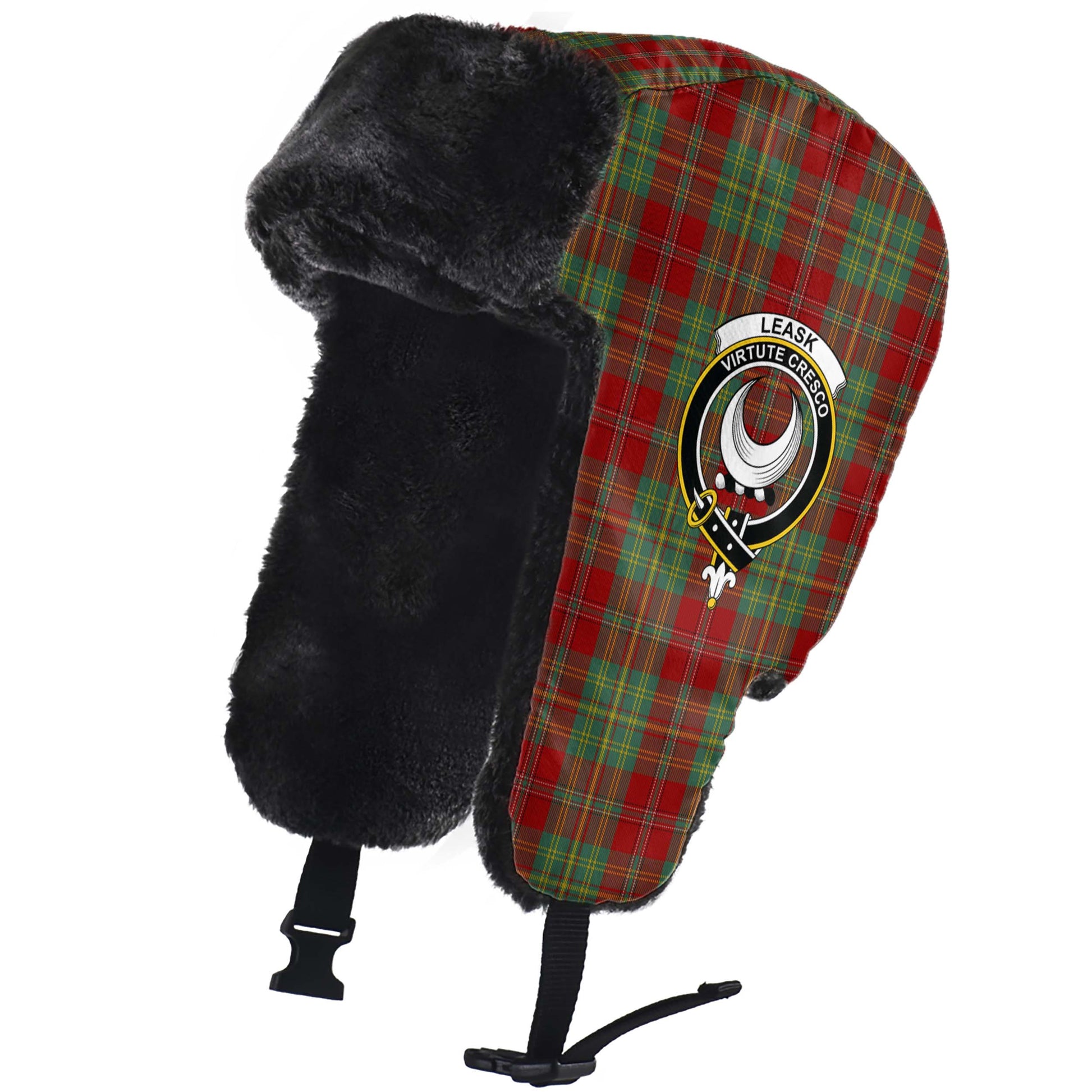 Leask Tartan Winter Trapper Hat with Family Crest - Tartanvibesclothing