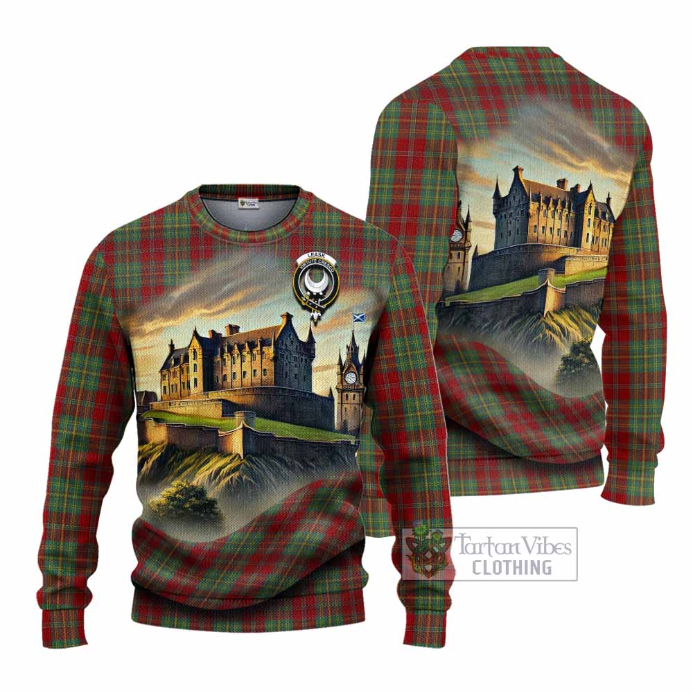 Tartan Vibes Clothing Leask Tartan Family Crest Knitted Sweater with Scottish Ancient Castle Style