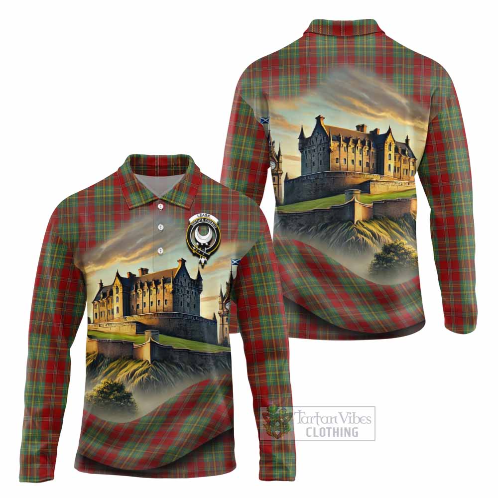 Tartan Vibes Clothing Leask Tartan Family Crest Long Sleeve Polo Shirt with Scottish Ancient Castle Style