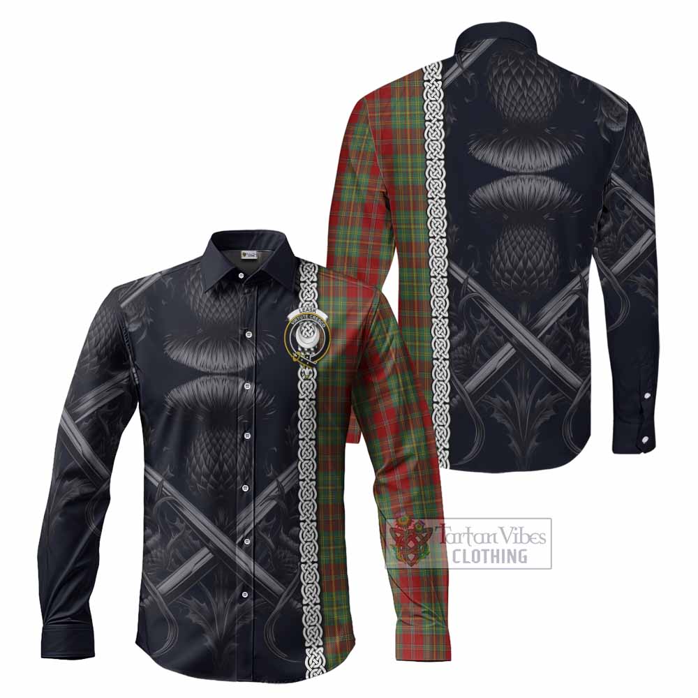 Tartan Vibes Clothing Leask Tartan Long Sleeve Button Shirt with Family Crest Cross Sword Thistle Celtic Vibes