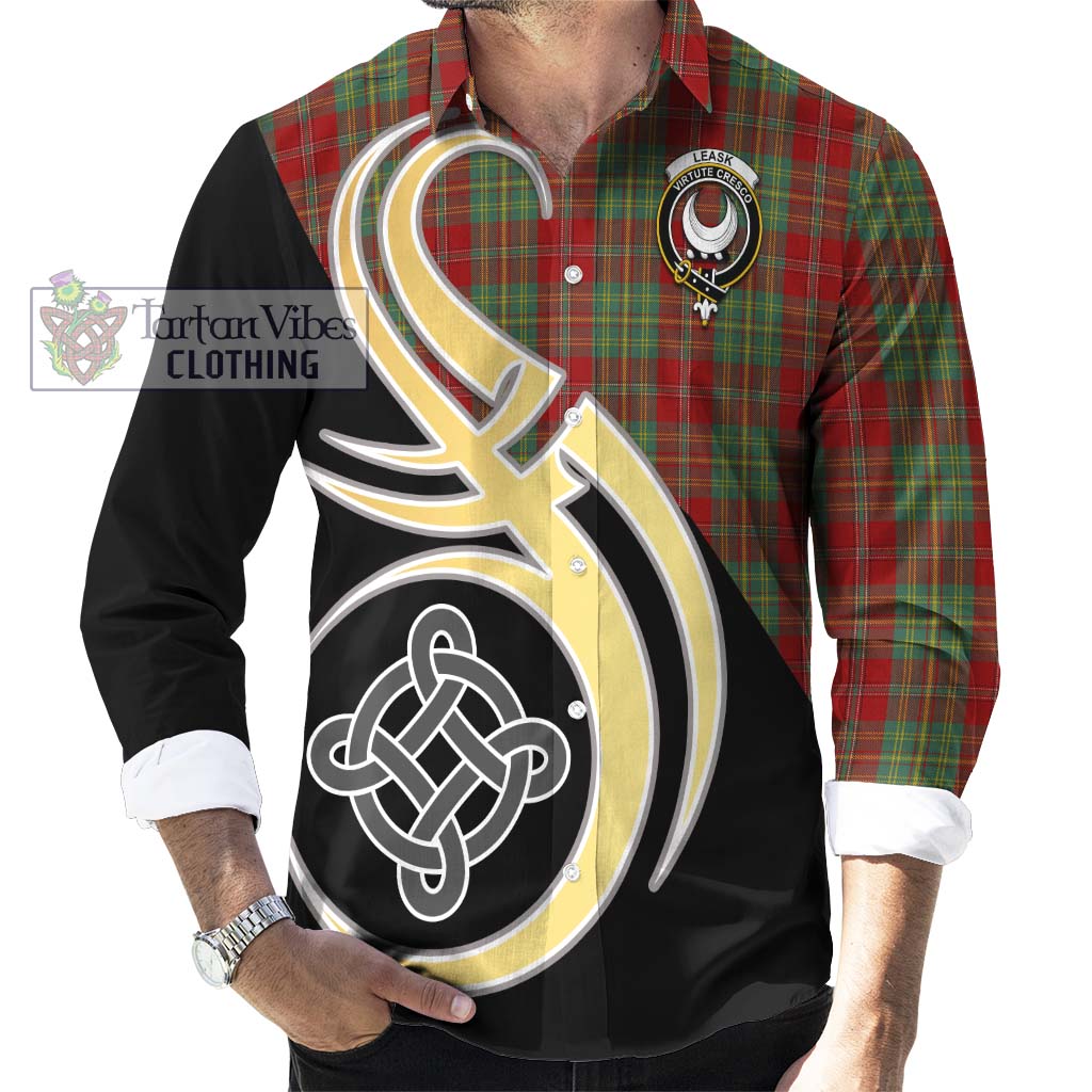 Leask Tartan Long Sleeve Button Shirt with Family Crest and Celtic Symbol Style - Tartan Vibes Clothing