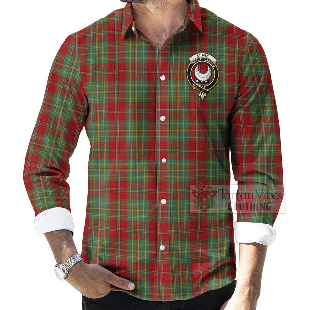 Tartan Vibes Clothing Leask Tartan Long Sleeve Button Shirt with Family Crest Celtic Skull Style