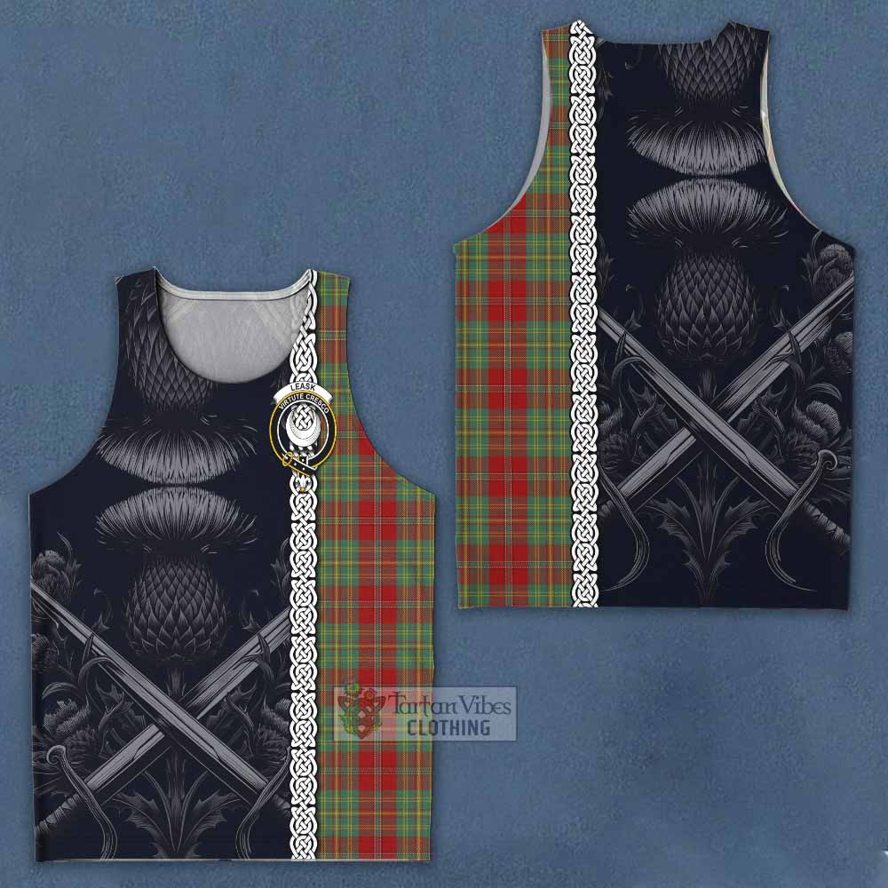 Tartan Vibes Clothing Leask Tartan Men's Tank Top with Family Crest Cross Sword Thistle Celtic Vibes