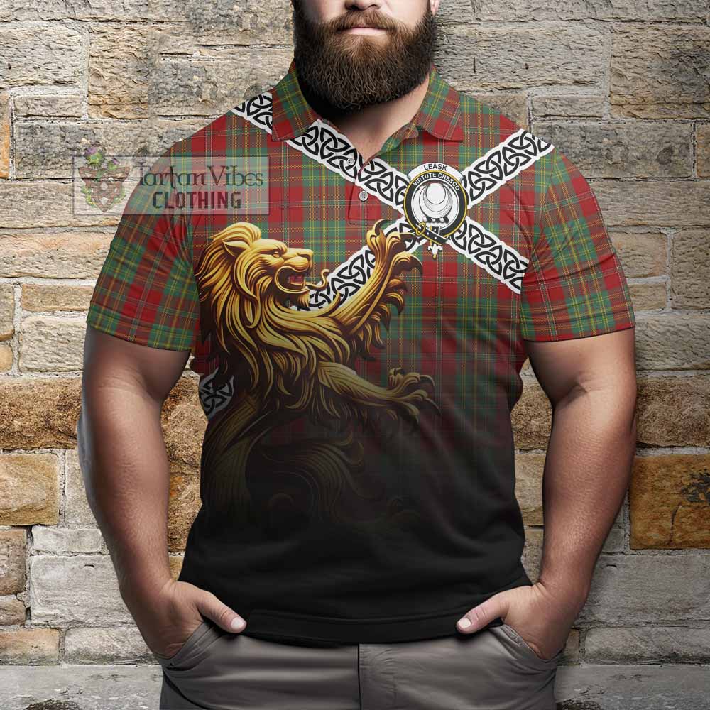 Tartan Vibes Clothing Leask Crest Tartan Polo Shirt with Golden Lion Emblem Celtic Style
