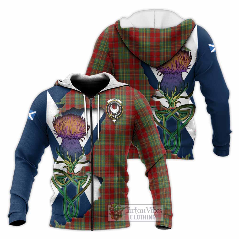 Tartan Vibes Clothing Leask Tartan Family Crest Knitted Hoodie Scottish Thistle Celtic Inspired