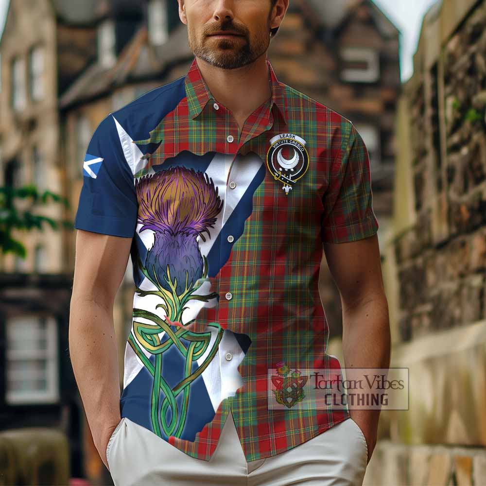 Tartan Vibes Clothing Leask Tartan Family Crest Short Sleeve Button Shirt Scottish Thistle Celtic Inspired
