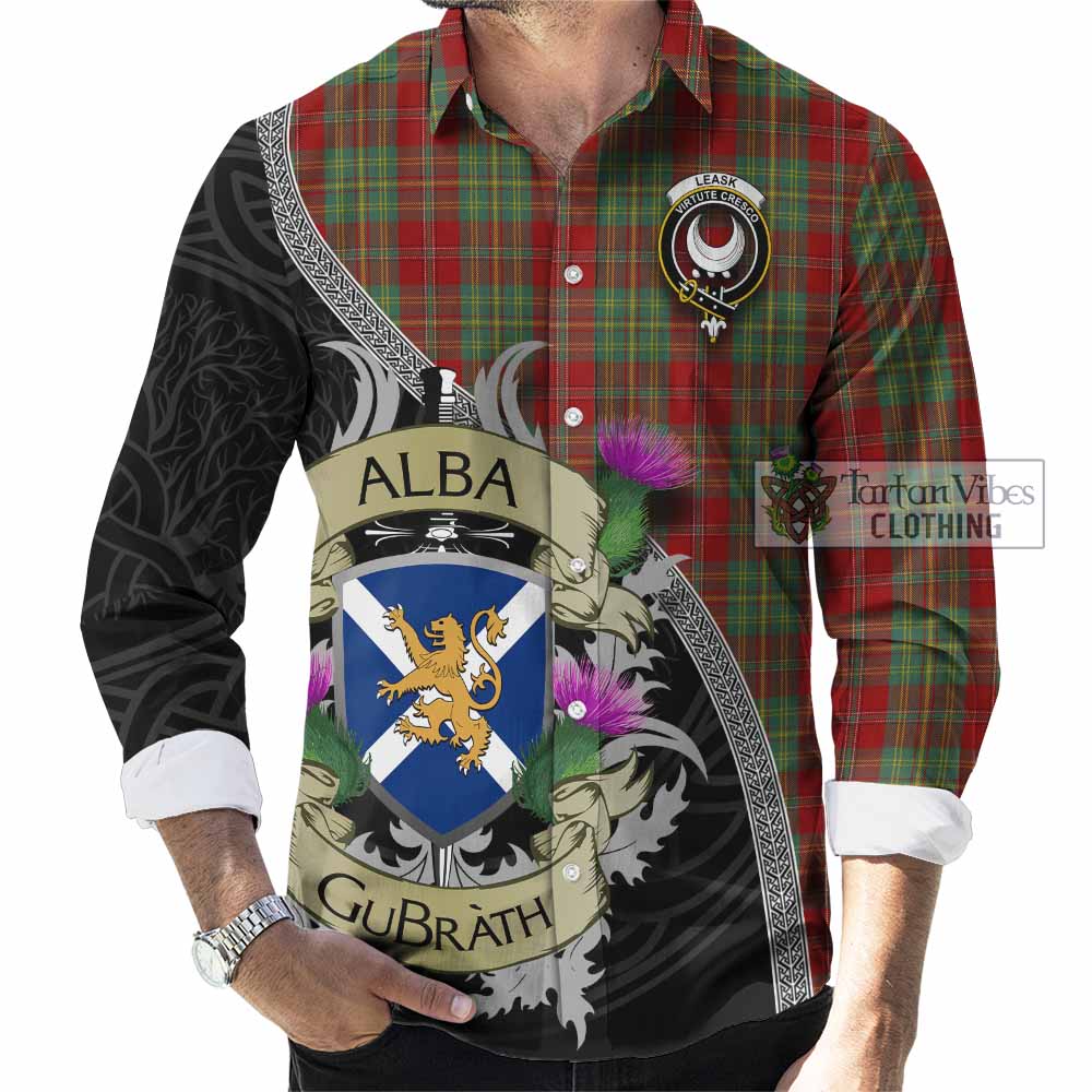 Tartan Vibes Clothing Leask Tartan Family Crest Long Sleeve Button Shirt Lion Rampant Royal Thistle Shield Celtic Inspired