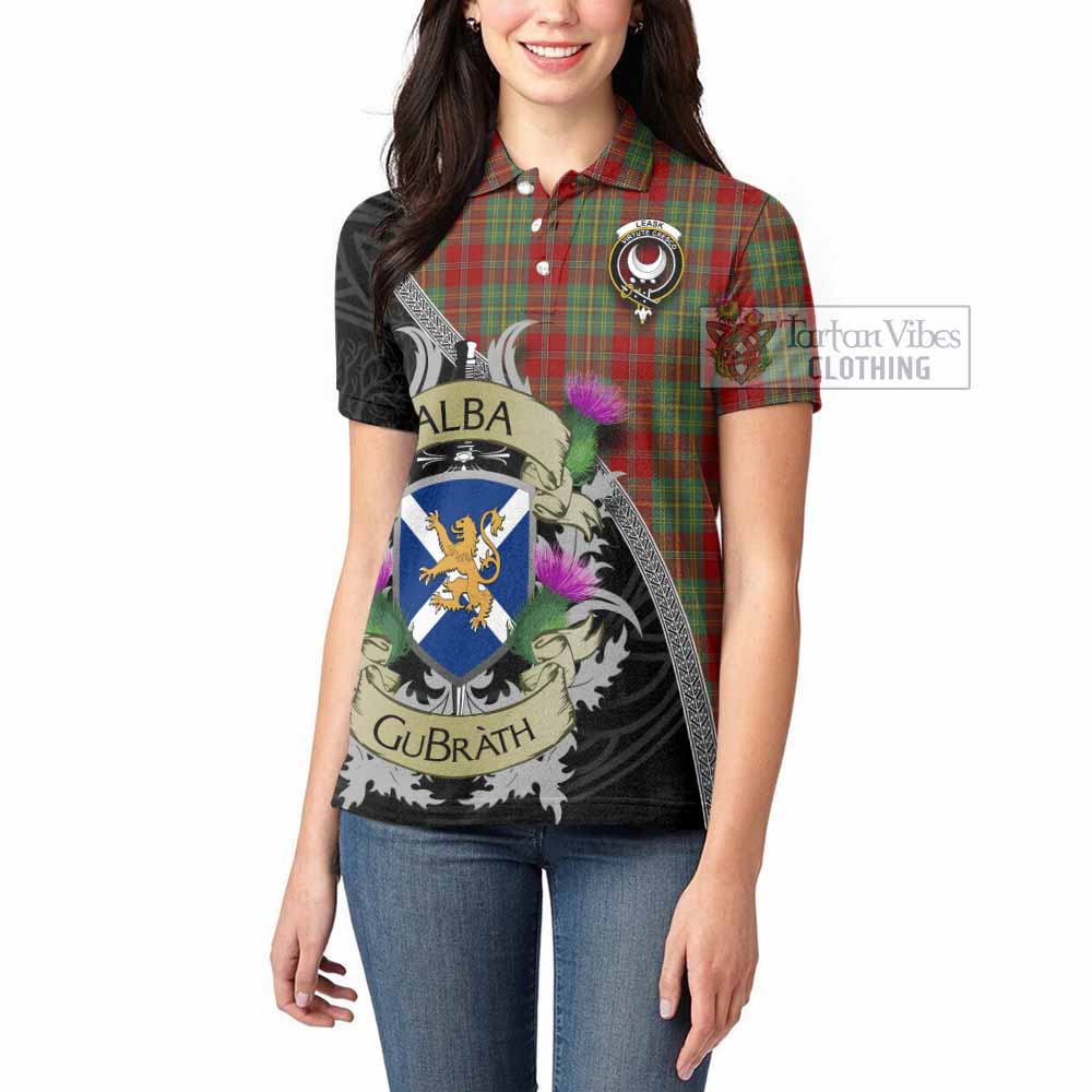 Tartan Vibes Clothing Leask Tartan Family Crest Women's Polo Shirt Lion Rampant Royal Thistle Shield Celtic Inspired