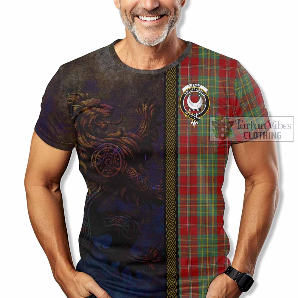 Tartan Vibes Clothing Leask Tartan Family Crest T-Shirt Alba Gu Brath Be Brave Lion Ancient Style