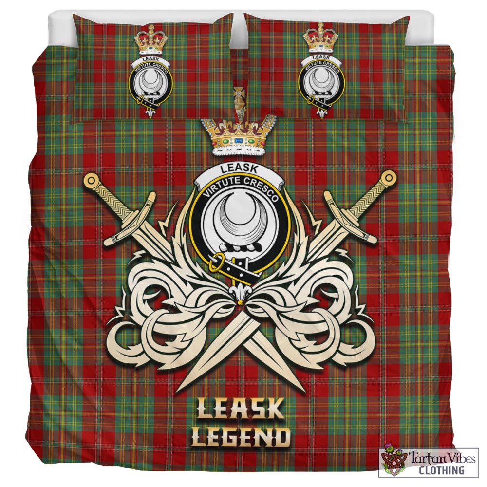 Tartan Vibes Clothing Leask Tartan Bedding Set with Clan Crest and the Golden Sword of Courageous Legacy