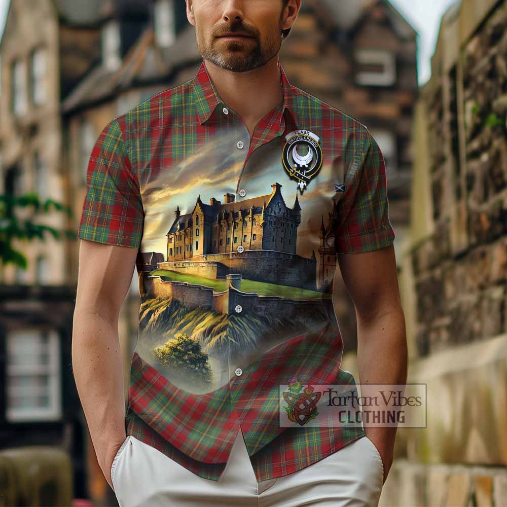 Tartan Vibes Clothing Leask Tartan Family Crest Short Sleeve Button Shirt with Scottish Ancient Castle Style