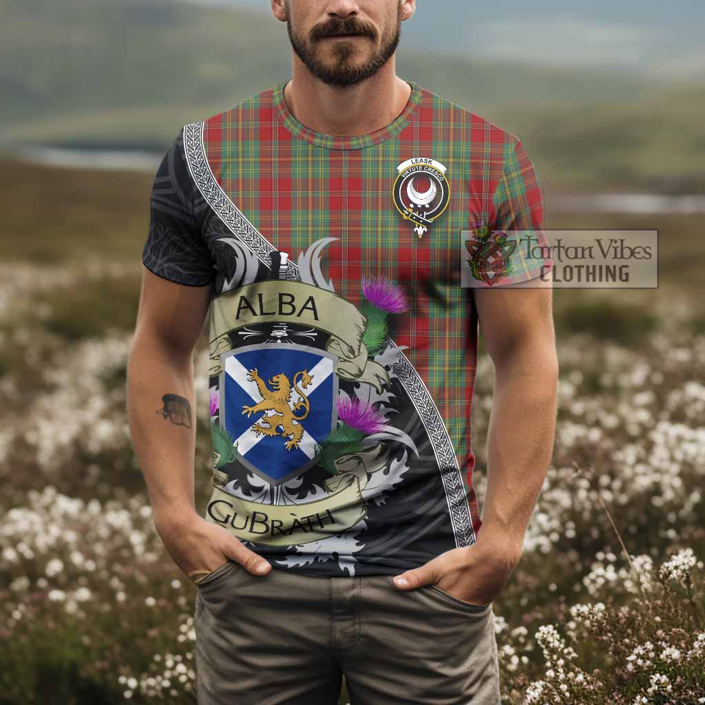 Tartan Vibes Clothing Leask Tartan Family Crest T-Shirt Lion Rampant Royal Thistle Shield Celtic Inspired