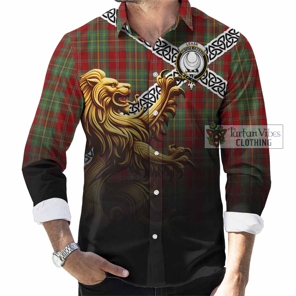 Tartan Vibes Clothing Leask Crest Tartan Long Sleeve Button Shirt with Golden Lion Emblem Celtic Style