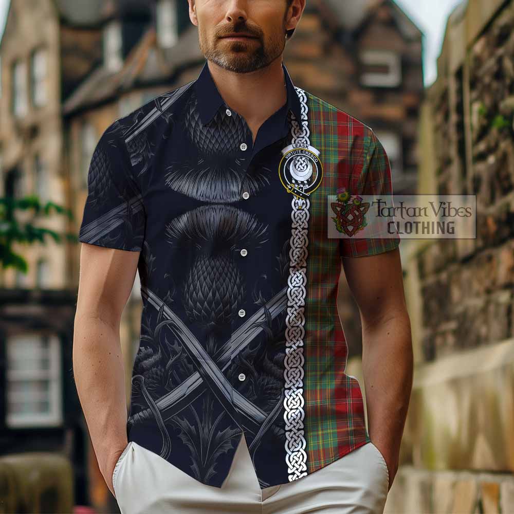 Tartan Vibes Clothing Leask Tartan Short Sleeve Button Shirt with Family Crest Cross Sword Thistle Celtic Vibes