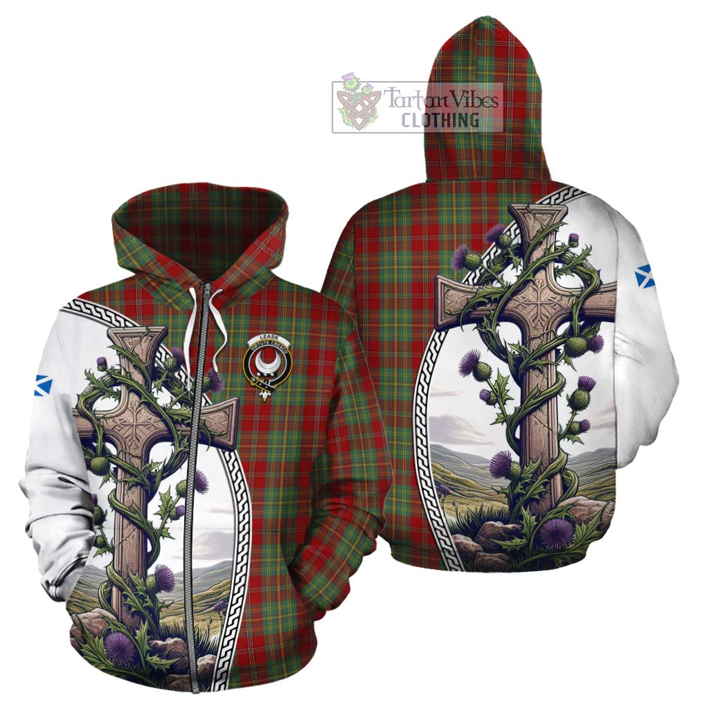 Tartan Vibes Clothing Leask Tartan Cotton Hoodie with Family Crest and St. Andrew's Cross Accented by Thistle Vines