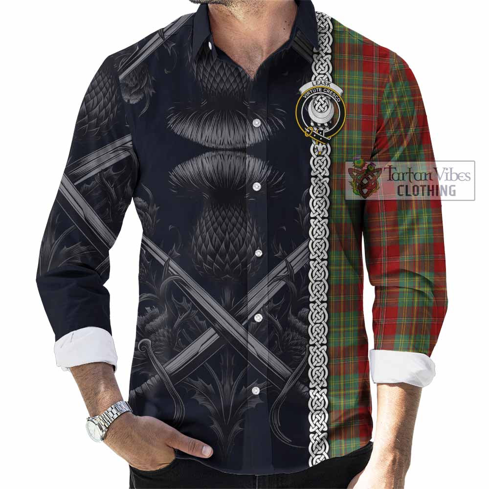 Tartan Vibes Clothing Leask Tartan Long Sleeve Button Shirt with Family Crest Cross Sword Thistle Celtic Vibes
