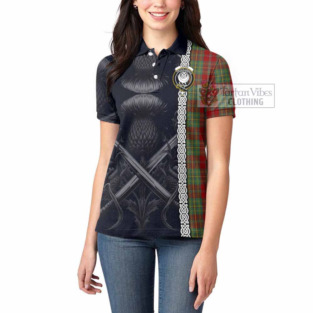 Tartan Vibes Clothing Leask Tartan Women's Polo Shirt with Family Crest Cross Sword Thistle Celtic Vibes