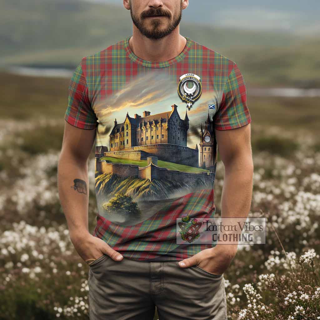 Tartan Vibes Clothing Leask Tartan Family Crest T-Shirt with Scottish Ancient Castle Stype