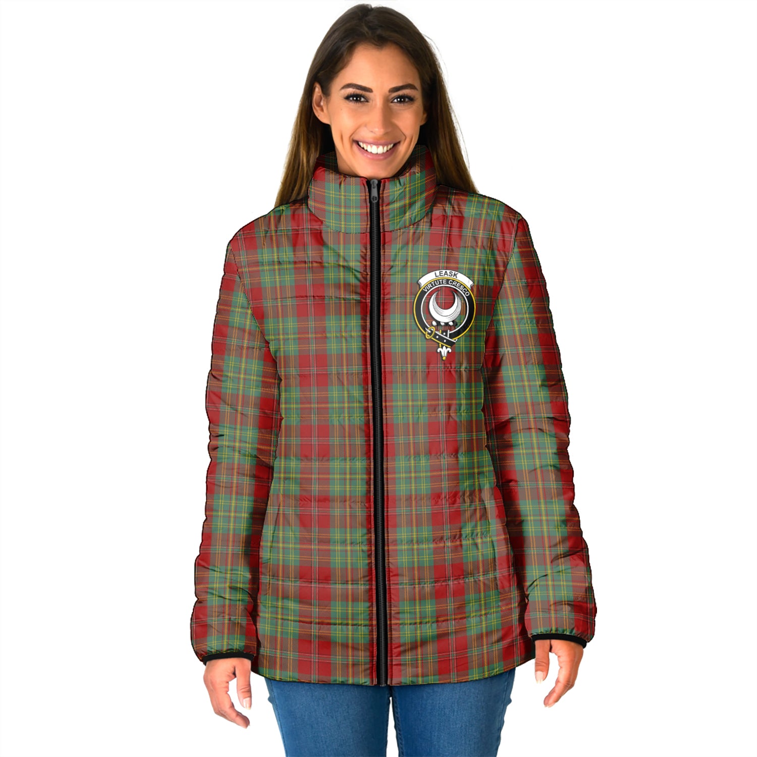 Leask Tartan Padded Jacket with Family Crest - Tartan Vibes Clothing