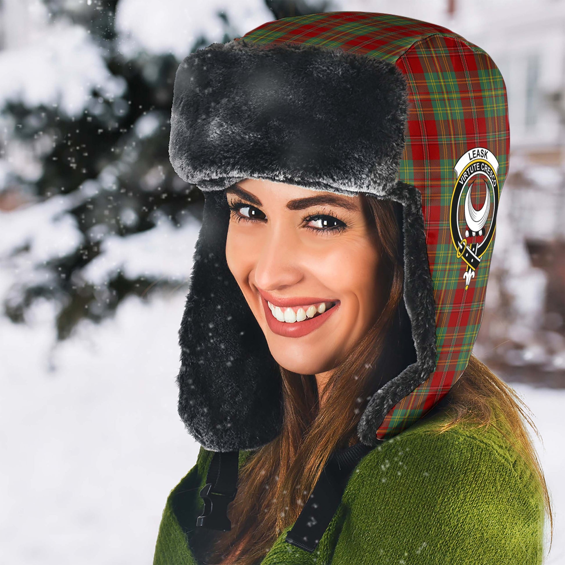 Leask Tartan Winter Trapper Hat with Family Crest - Tartanvibesclothing