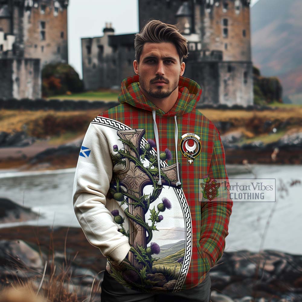 Tartan Vibes Clothing Leask Tartan Cotton Hoodie with Family Crest and St. Andrew's Cross Accented by Thistle Vines